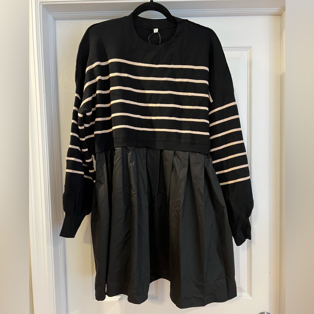 Striped Black & Cream Knit-Top Dress